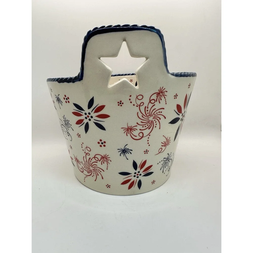 Temp-Tations 2 qt Mixing Bowl FIREWORK Patriotic Red White Blue July 4th Ceramic